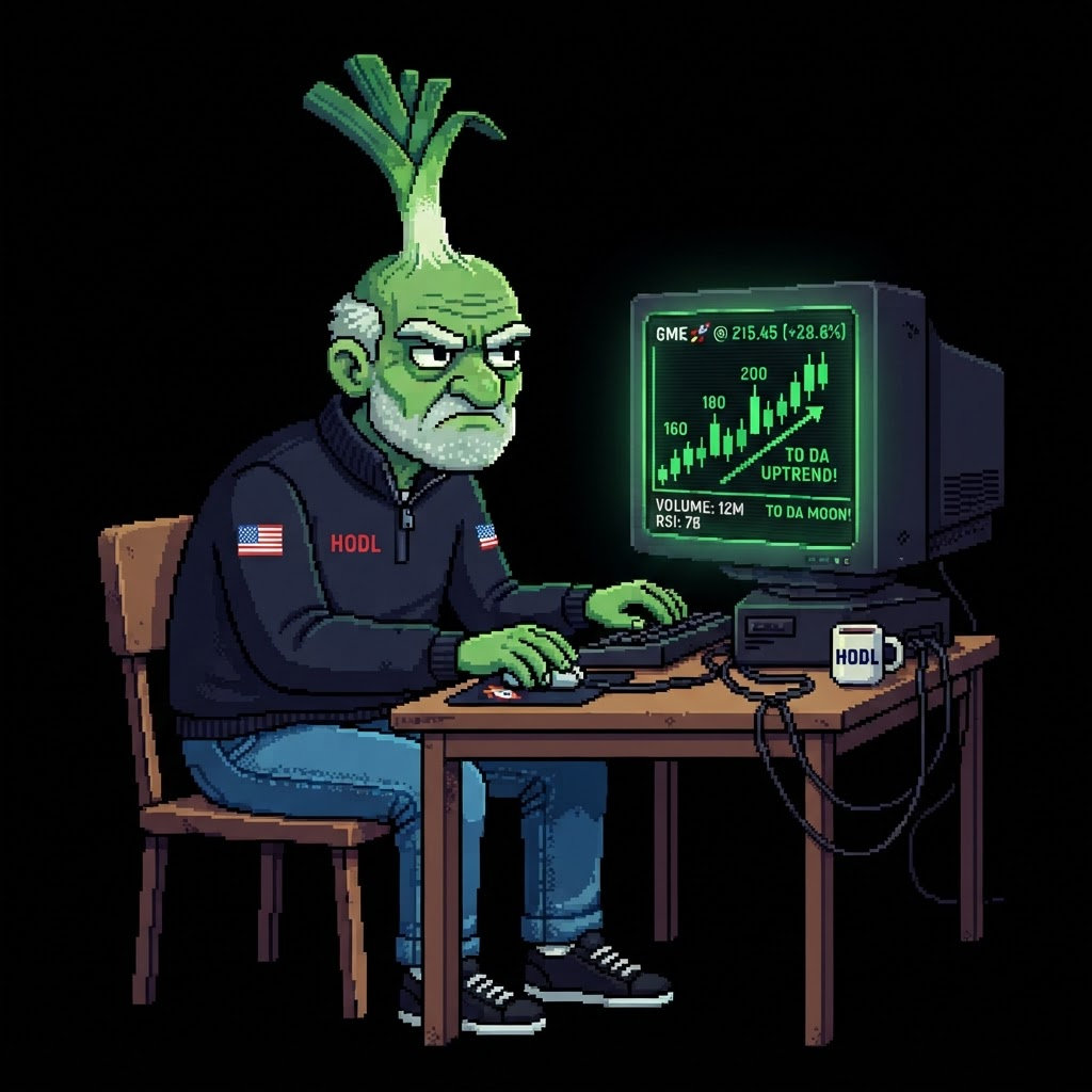 Pixel art meme: the leek man at a CRT computer watching a green candlestick chart