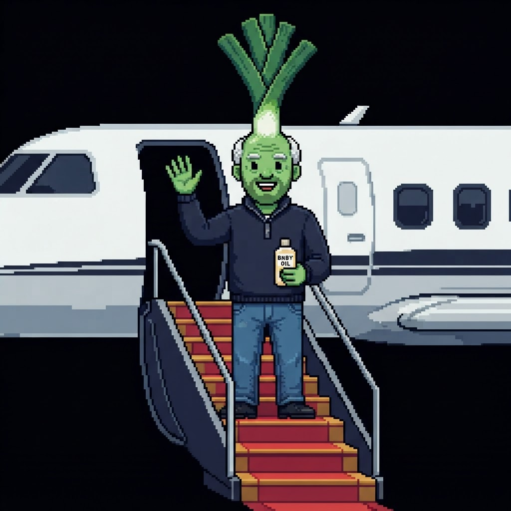 Pixel art meme: the leek man waving from the staircase of a private jet