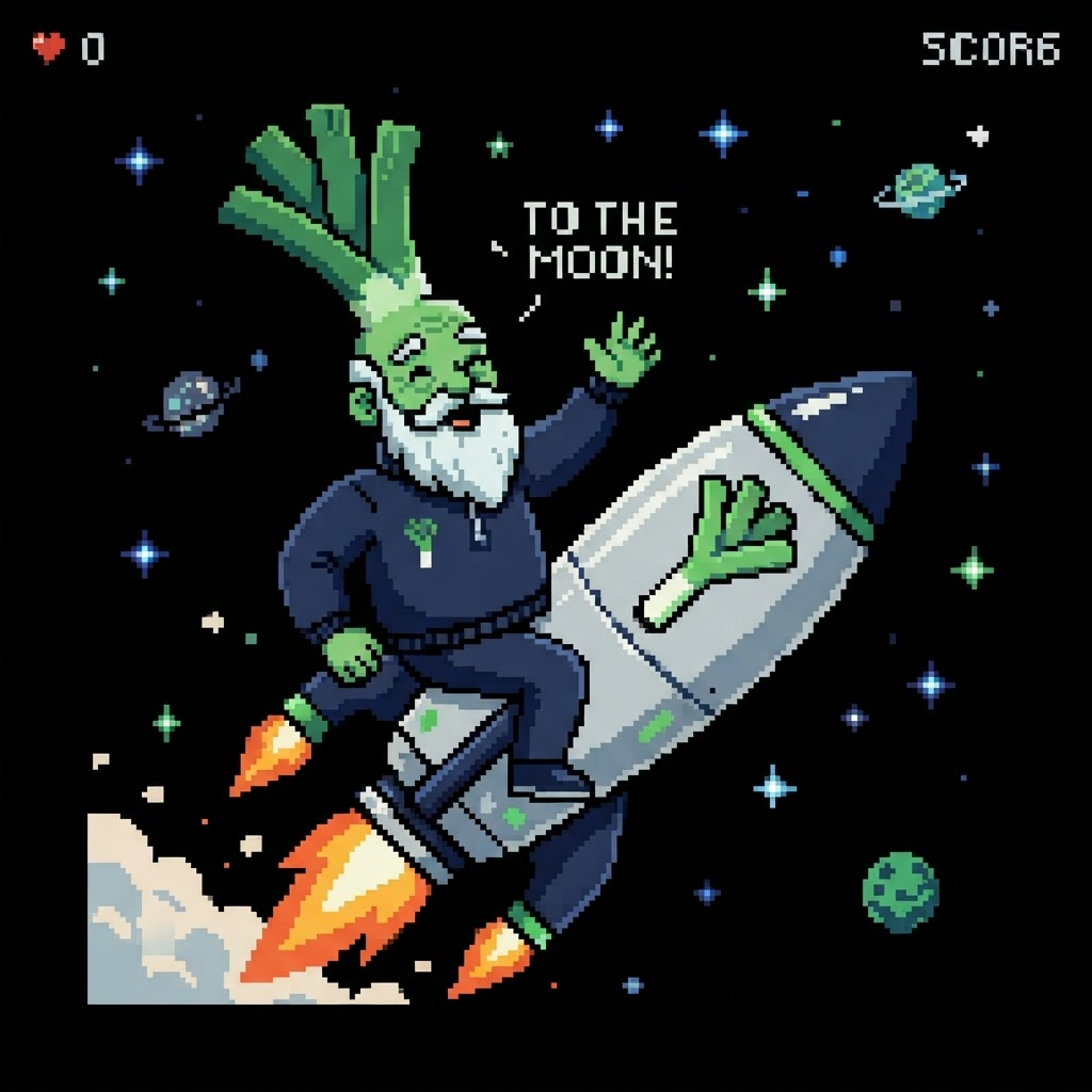 Pixel art meme: the leek man riding a rocket into a starry sky